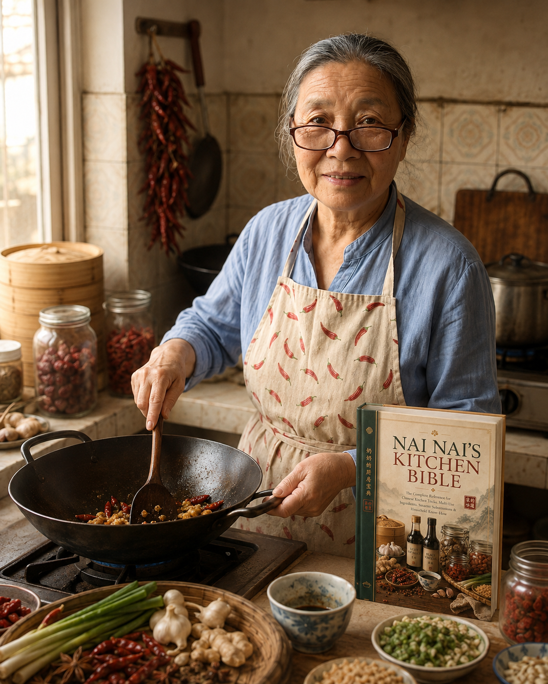Nai Nai Liu cooking in her kitchen